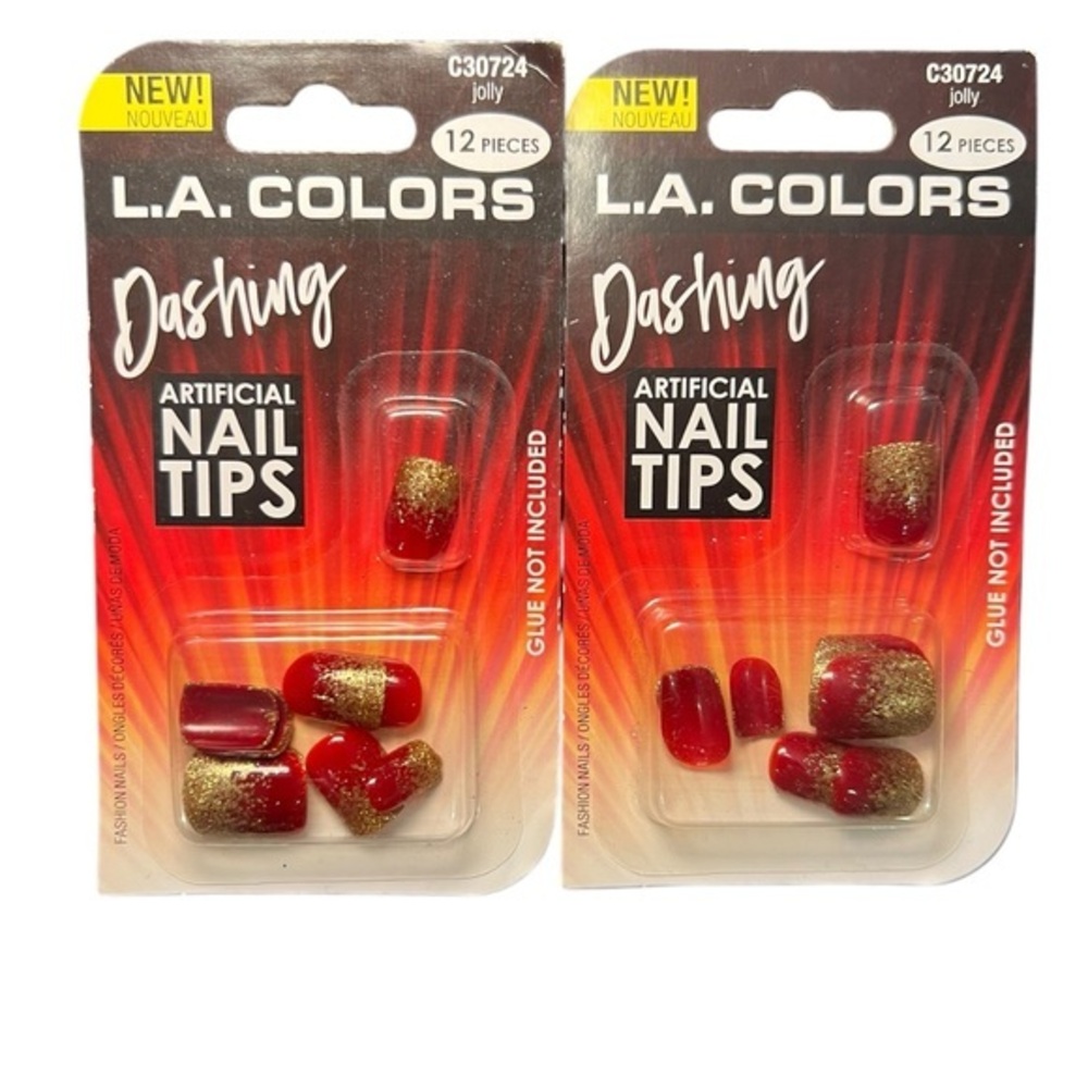 NEW L.A. COLORS ARTIFICIAL NAIL TIPS - 2 Sets Of 12 pcs each‎ JOLLY Red and Gold